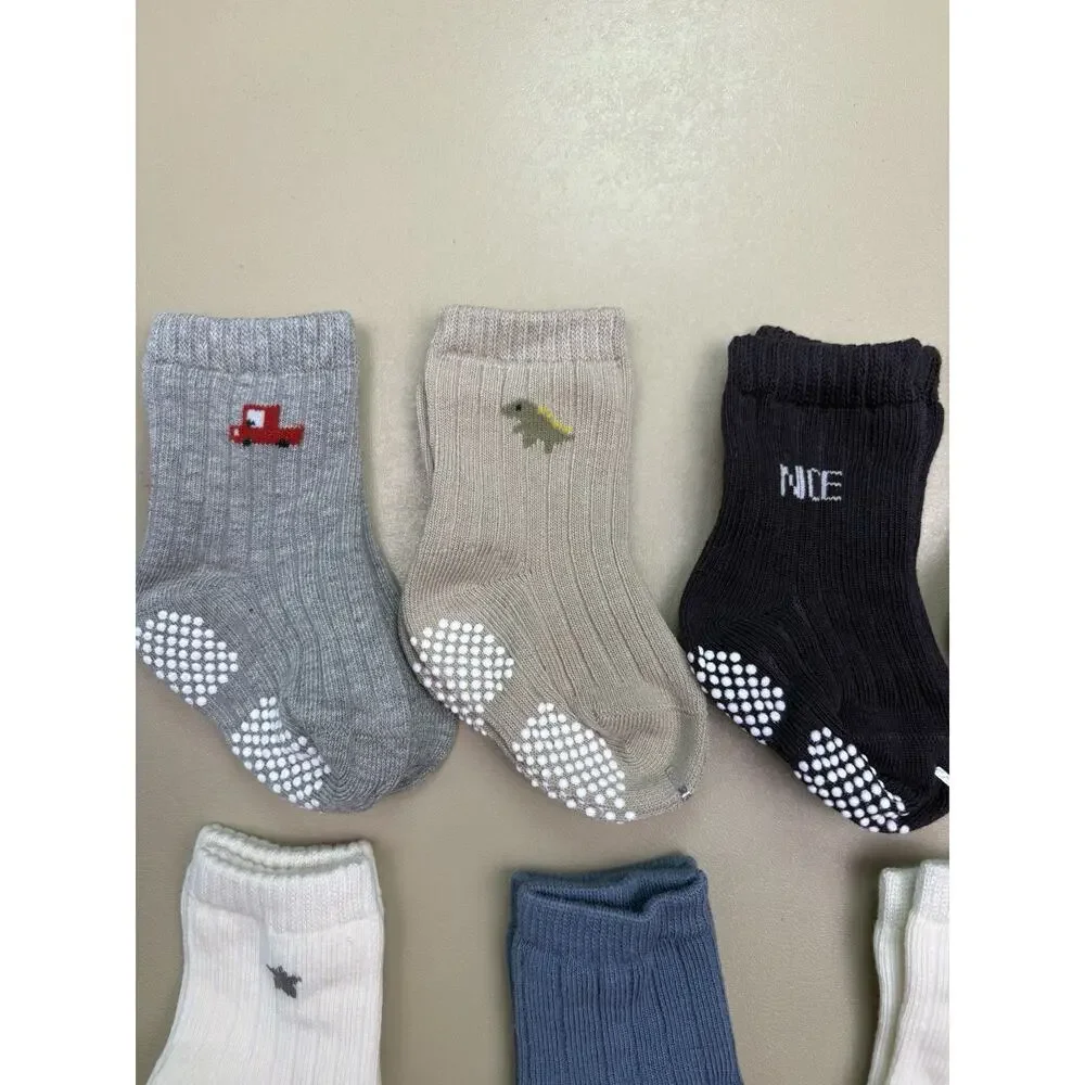9 Pairs Toddler Grip Socks Anti Slip Ankle Socks Boys Cars Dinosaurs NWOT